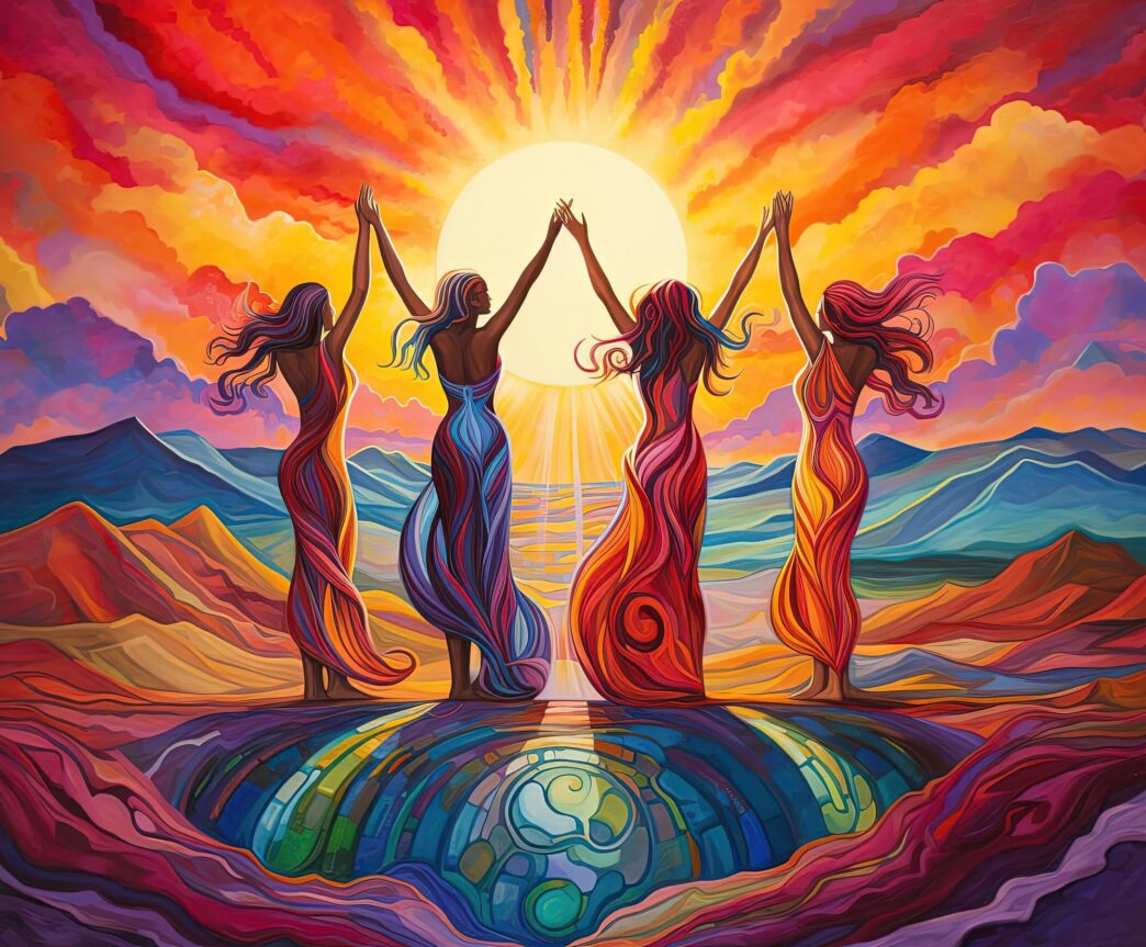 People celebrating summer with a vibrant colorscape of a desert landscape and the sun.