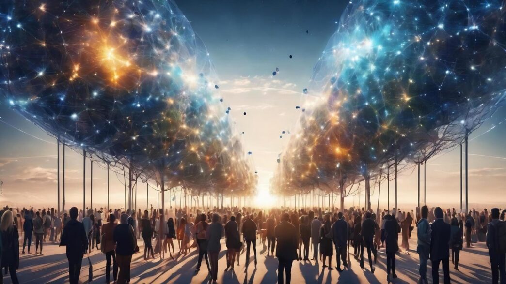 People standing together, with a global earth graphic in the background, representing networking and global connection.