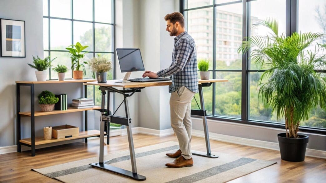 A person works at a standing desk in their home office.