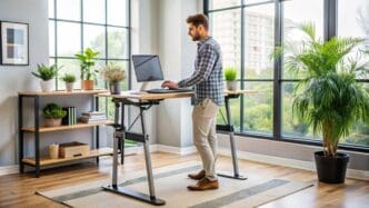 A person works at a standing desk in their home office.