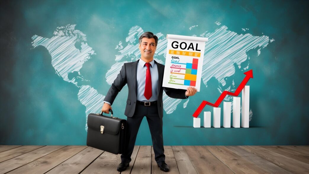Photo-realistic CEO stands in front of a goal chart with a briefcase, set against a whimsical background, illustrating leadership and business concepts.