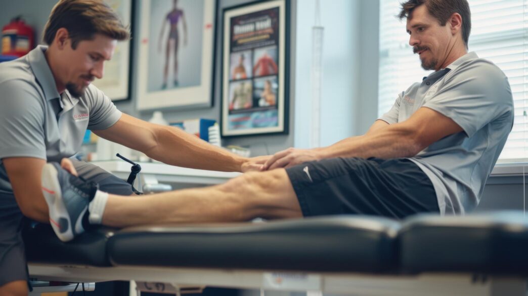 A physical therapist assists a patient with an exercise.