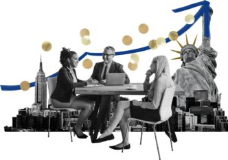 Collage of financial charts, graphs, and icons representing American business and economic growth.