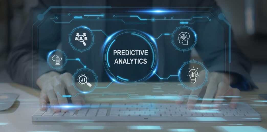 A data visualization depicts predictive analytics concepts like machine learning and AI, forecasting future business outcomes.