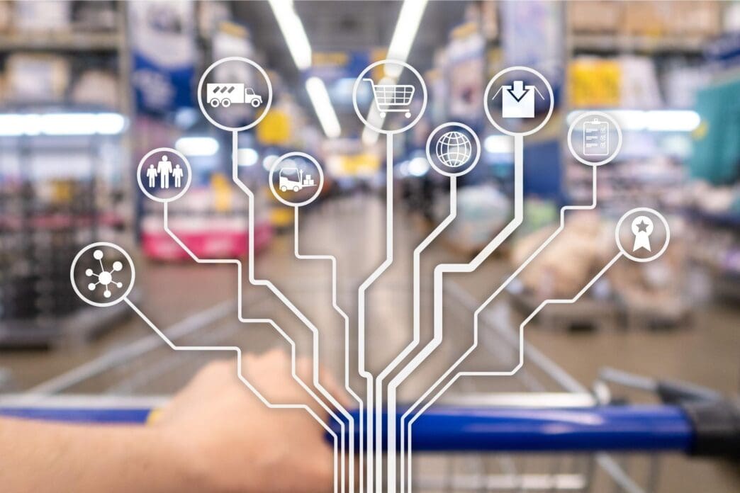 Ecommerce shopping automation displayed on a blurred supermarket background.