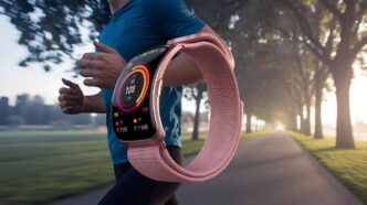 A futuristic smartwatch displays real-time wellness data.