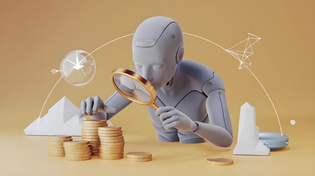 A robot examines a magnifying glass, illustrating the concept of investment or analysis.