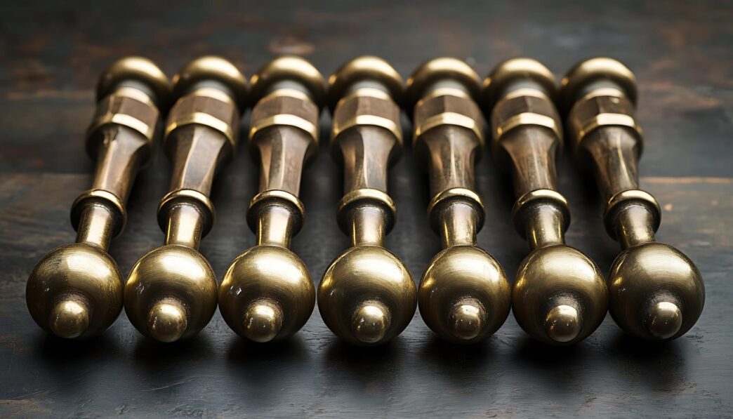 A row of elaborate, gold-colored door handles is displayed against a dark wooden background.