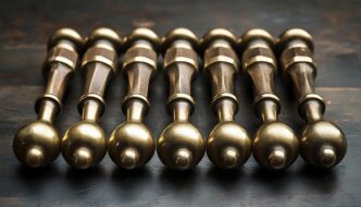 A row of elaborate, gold-colored door handles is displayed against a dark wooden background.