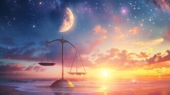 Scales of justice are silhouetted against a vibrant sunset and starry night sky with a crescent moon.
