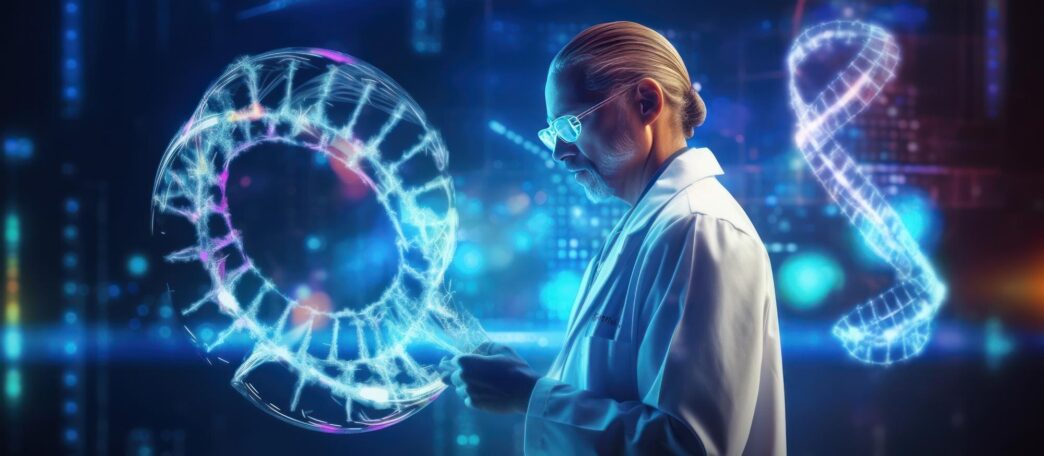 A scientist examines a digital representation of a DNA structure on a screen.