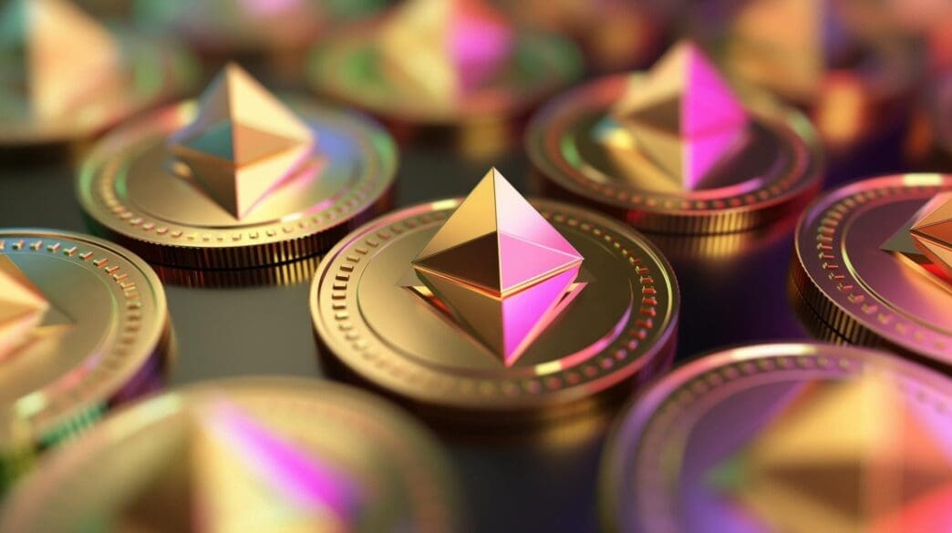 Close-up of several gold coins, with one coin prominently displaying the word "diamond."