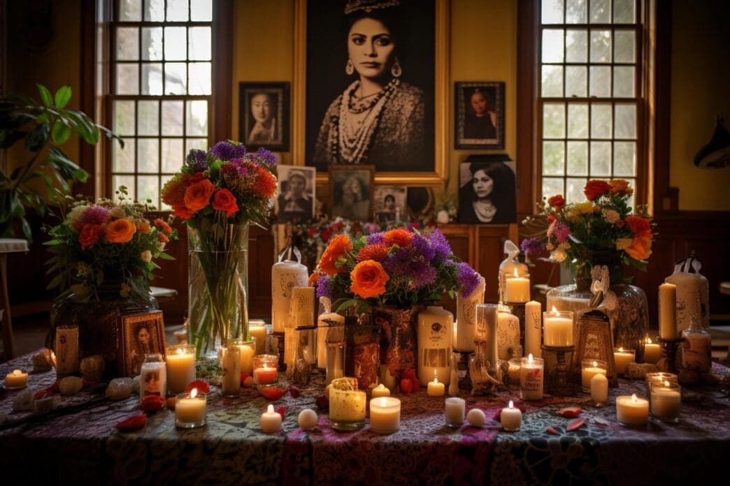 A photograph shows a colorful Day of the Dead shrine decorated with sugar skulls, flowers, and candles.