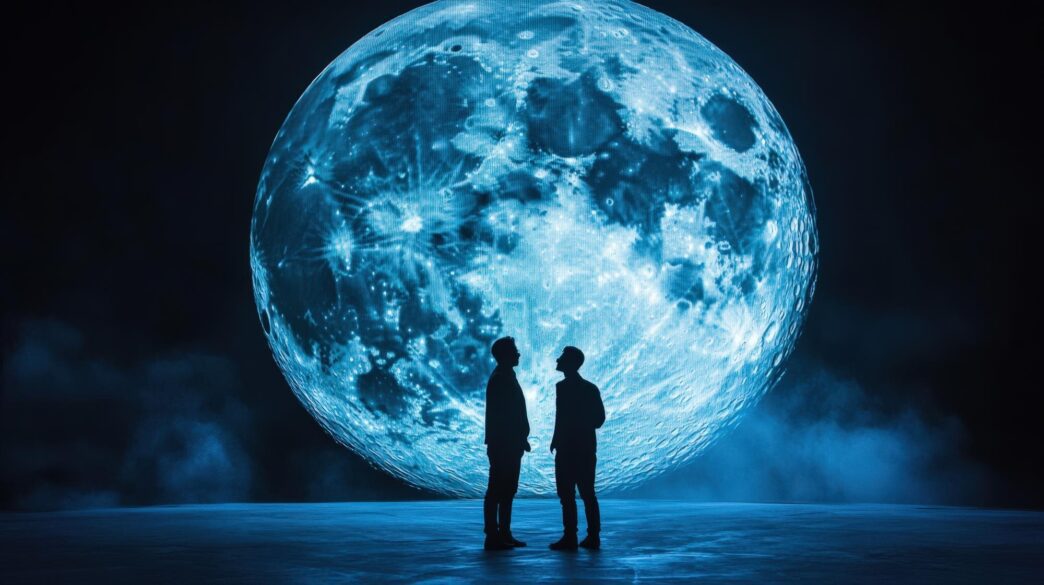 Silhouettes of two people stand before a large, radiant moon in the night sky.