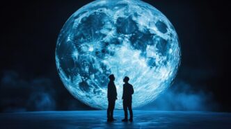 Silhouettes of two people stand before a large, radiant moon in the night sky.