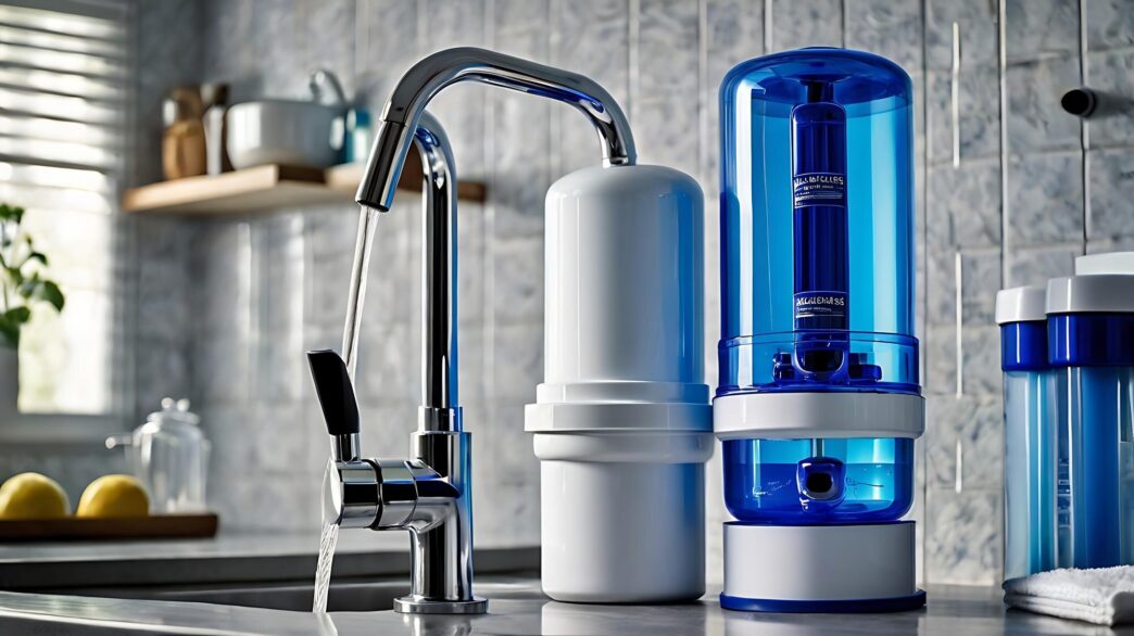A close-up shows a water filter installed under a sink, next to a blue bottle of water.