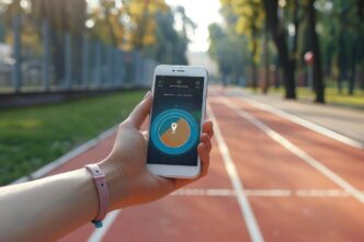 A person uses smart devices to track their workout progress in a modern healthcare setting.