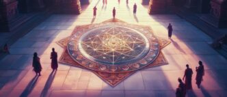 A detailed, symmetrical floor design of the Sri Yantra, a Hindu spiritual symbol.