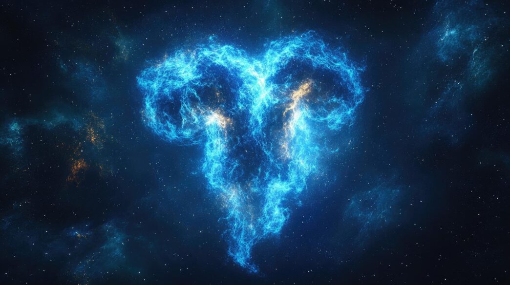 A colorful nebula, resembling a ram's head, glows against a dark backdrop of space.