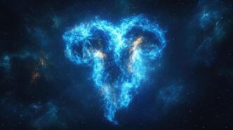 A colorful nebula, resembling a ram's head, glows against a dark backdrop of space.