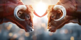 A graphic depicts a stock market battle between bullish and bearish trends, with trading tools and analysis elements.