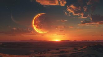 A desert landscape is illuminated by the warm hues of a sunset, with a moon visible in the sky.