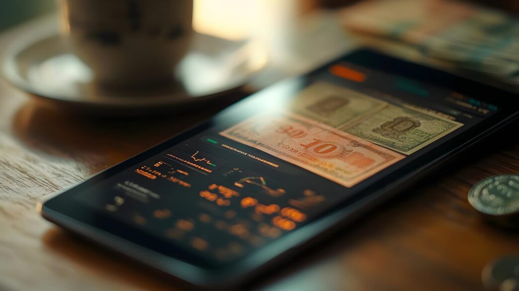 Tablet displaying currency stock charts and money on a table.