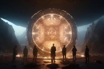 Researchers watch a shimmering portal.