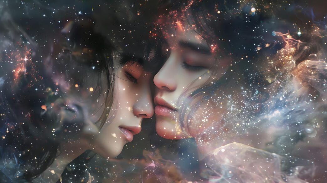 Two people in space suits kiss in front of a backdrop of stars and planets.