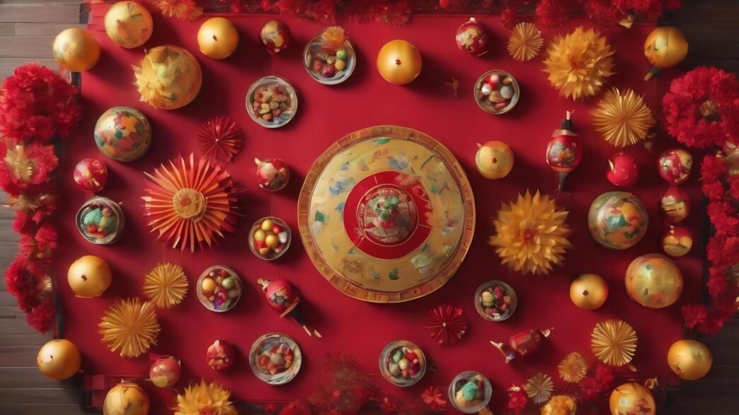 Aerial view of a Chinese New Year arrangement with decorations.