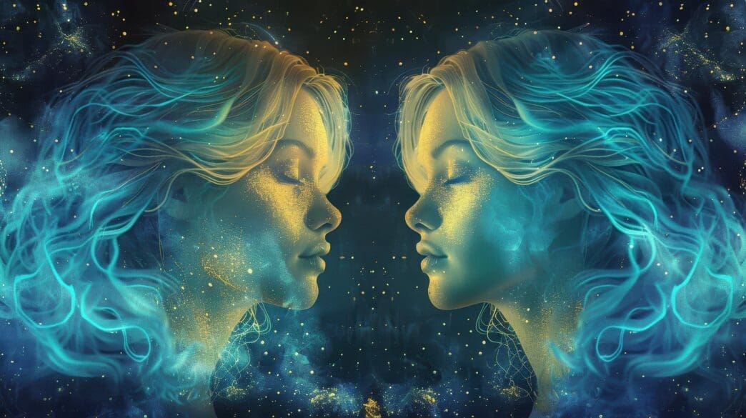 Two silhouetted figures embrace under a vibrant, swirling starry night sky.