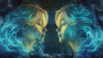 Two silhouetted figures embrace under a vibrant, swirling starry night sky.