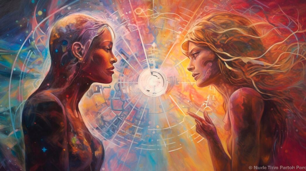 Two people, depicted with glowing auras, converse about complex issues represented by swirling, colorful energy fields.