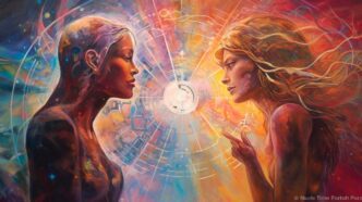 Two people, depicted with glowing auras, converse about complex issues represented by swirling, colorful energy fields.
