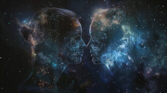 Two nebulae in space, resembling human faces, appear to be gazing at one another.