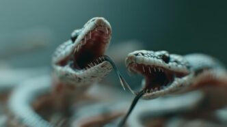 Two snakes with open jaws and visible fangs appear to be dancing in a blurred natural setting.