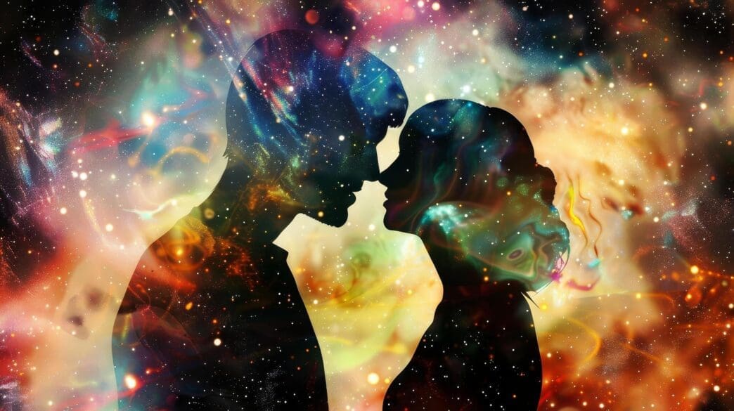 Two silhouetted figures embrace against a background of swirling stars and nebulae.