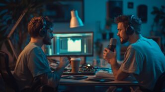Two young men sit at a table with microphones and coffee cups, recording a podcast in a studio.