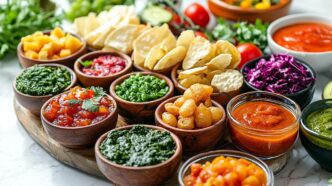 A colorful assortment of fresh fruits and vegetables is displayed.