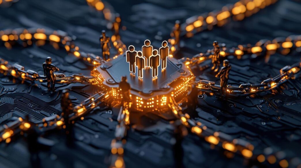 Abstract illustration depicts glowing chains connecting diverse figures within a digital network.