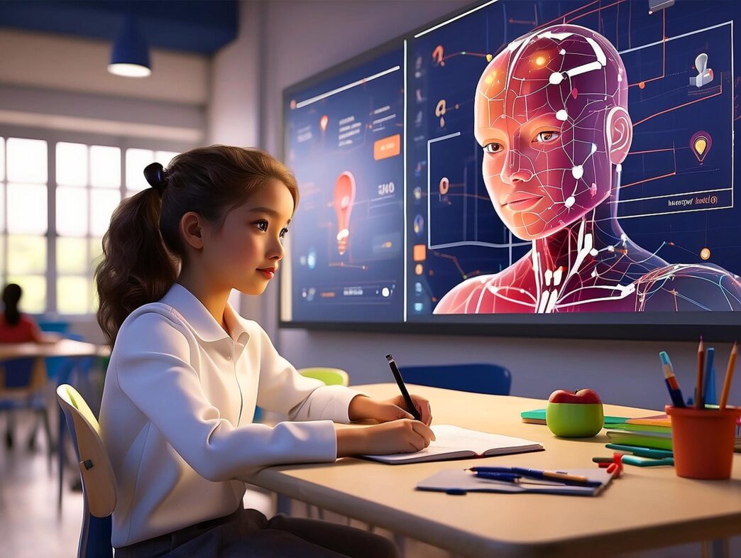 An illustration depicts a classroom with students interacting with AI tutors displayed on screens.