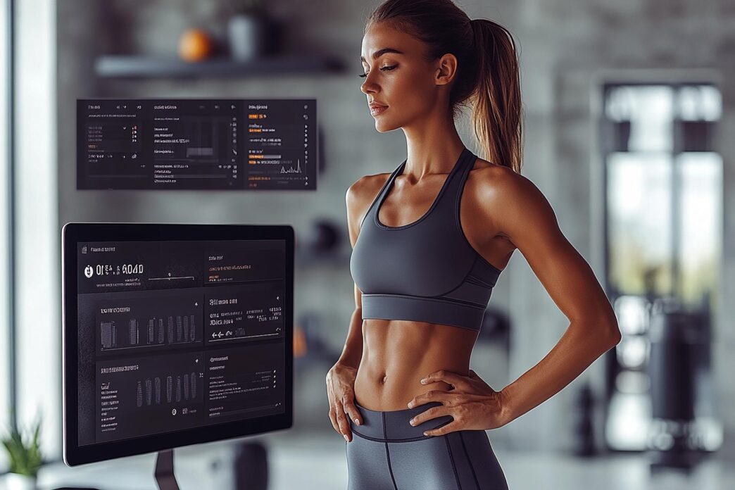 A woman stands on a treadmill, flexing her muscles to show their definition.