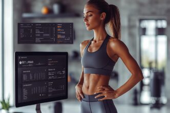 A woman stands on a treadmill, flexing her muscles to show their definition.