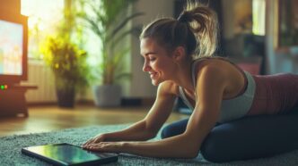 A woman stretches while holding a tablet.