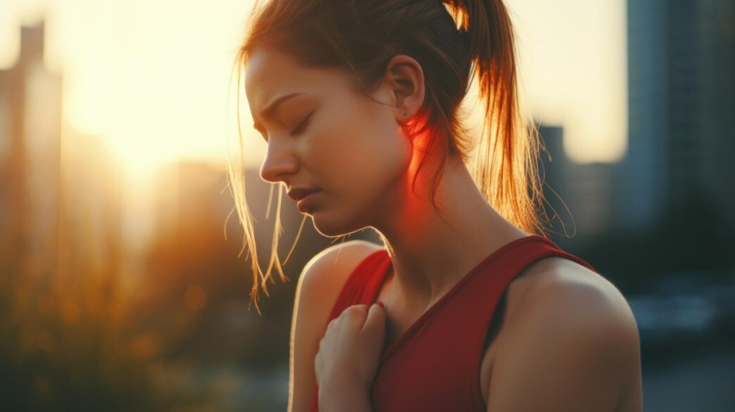A woman wearing a red top looks downward, suggesting contemplation or deep thought.