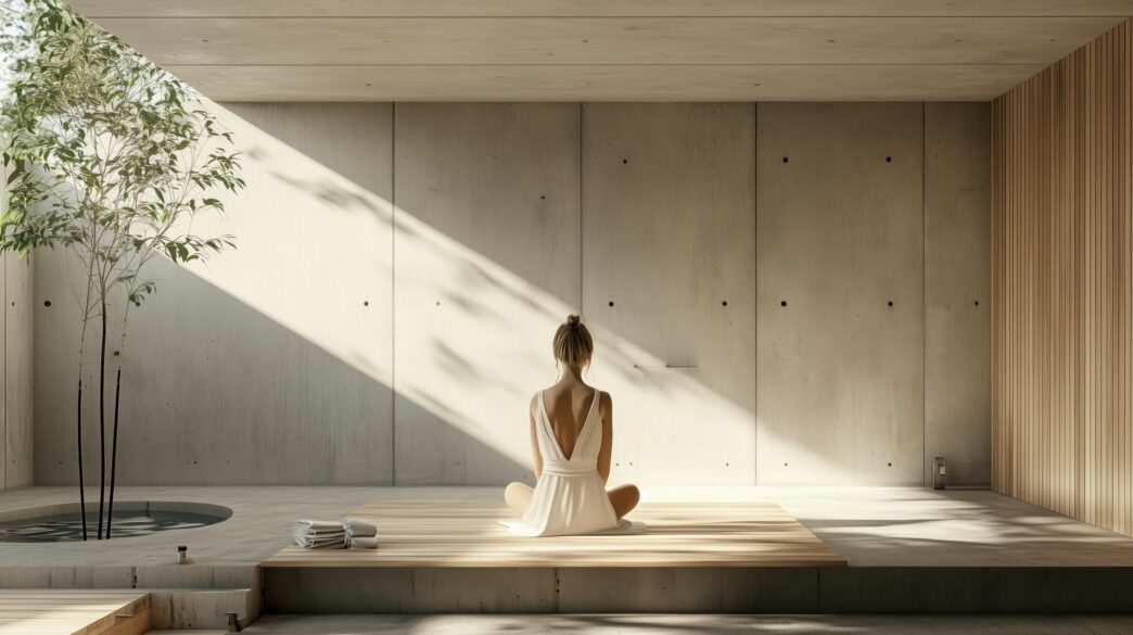 A woman wearing a white dress meditates on the floor of a minimalist room with concrete walls and wooden accents.