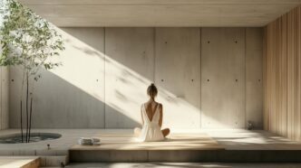 A woman wearing a white dress meditates on the floor of a minimalist room with concrete walls and wooden accents.