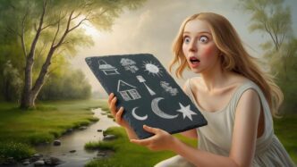 A woman with a surprised expression holds a small, rectangular slate.