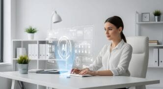 A woman interacts with a futuristic, transparent AI interface on a screen.