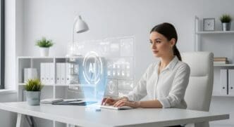 A woman interacts with a futuristic, transparent AI interface on a screen.
